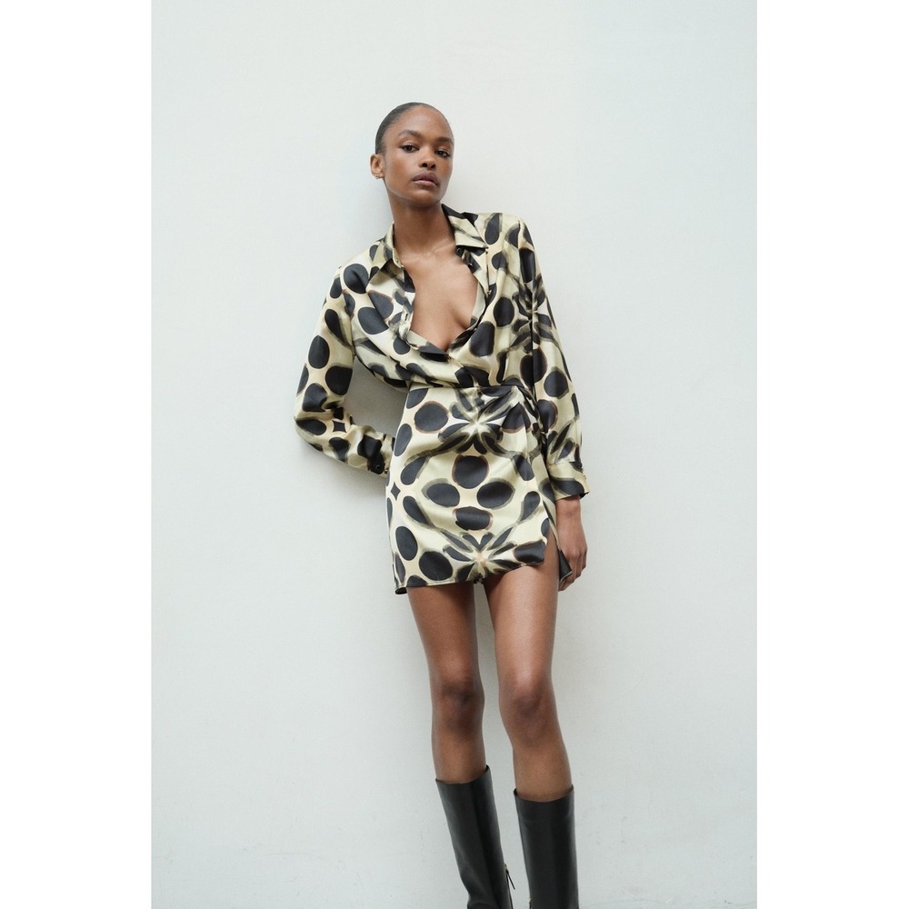 Zara Satin Geometry Printed Mini Shirt Dress Size M